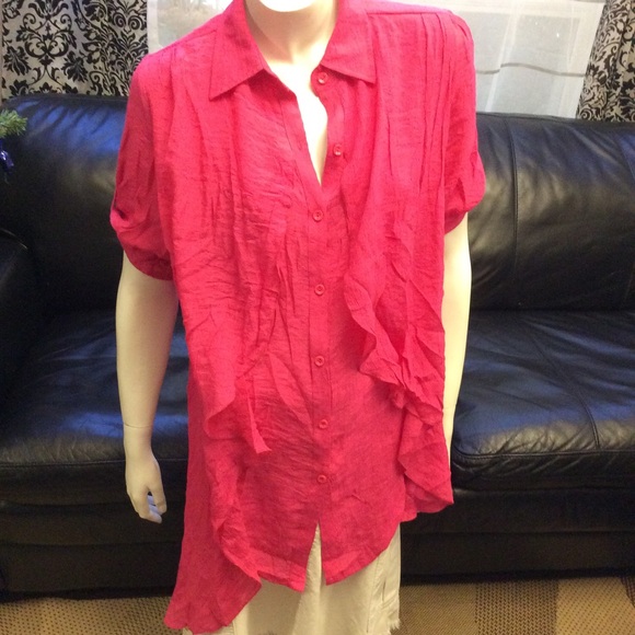 Red Coral hot pink button up blouse with tie - Picture 2 of 9